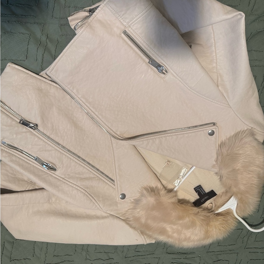 Forever 21 Light Beige Leather Jacket with Faux Fur Collar